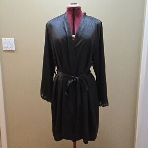 Black Satin Robe with Lace Trim